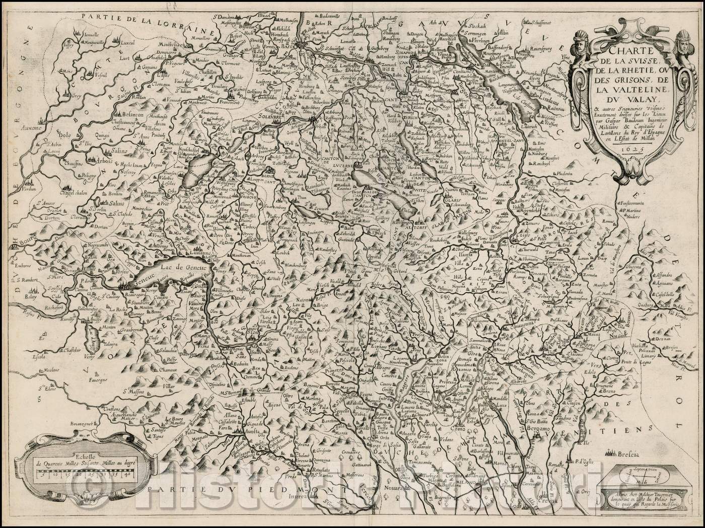 Historic Map - Charte De La Suisse, De La Rhetie, ou Des Grisons, De La Valtelin, Du Valay, autres Seigneuries Visines Exactement, 1625, Melchior Tavernier - Vintage Wall Art