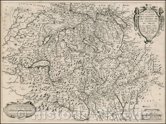 Historic Map - Charte De La Suisse, De La Rhetie, ou Des Grisons, De La Valtelin, Du Valay, autres Seigneuries Visines Exactement, 1625, Melchior Tavernier - Vintage Wall Art
