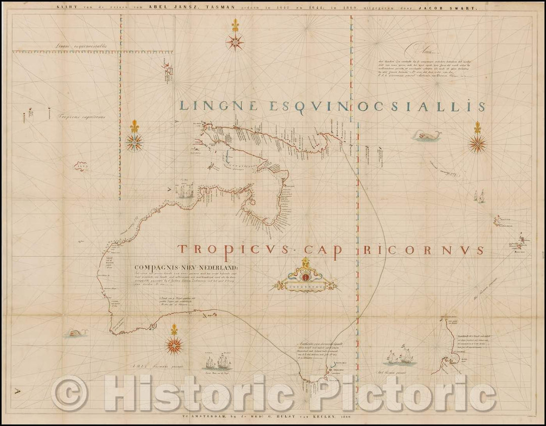 Historic Map - Kaart van de reizen van Abel Jansz. Tasman gedaan in 1642 en 1644, in 1860 :: of the journeys of Abel Jansz. Tasman, 1860 - Vintage Wall Art