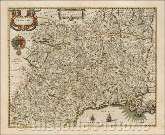 Historic Map - Languedoc, 1640, Willem Janszoon Blaeu - Vintage Wall Art