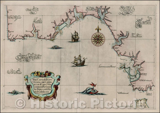 Historic Map - Una Carta del mare Oceano, che Comincia con il Capo S. Vincenzio/Sea Chart of Southern Portugal, Spain and the Straits of Gibralter, 1646 - Vintage Wall Art