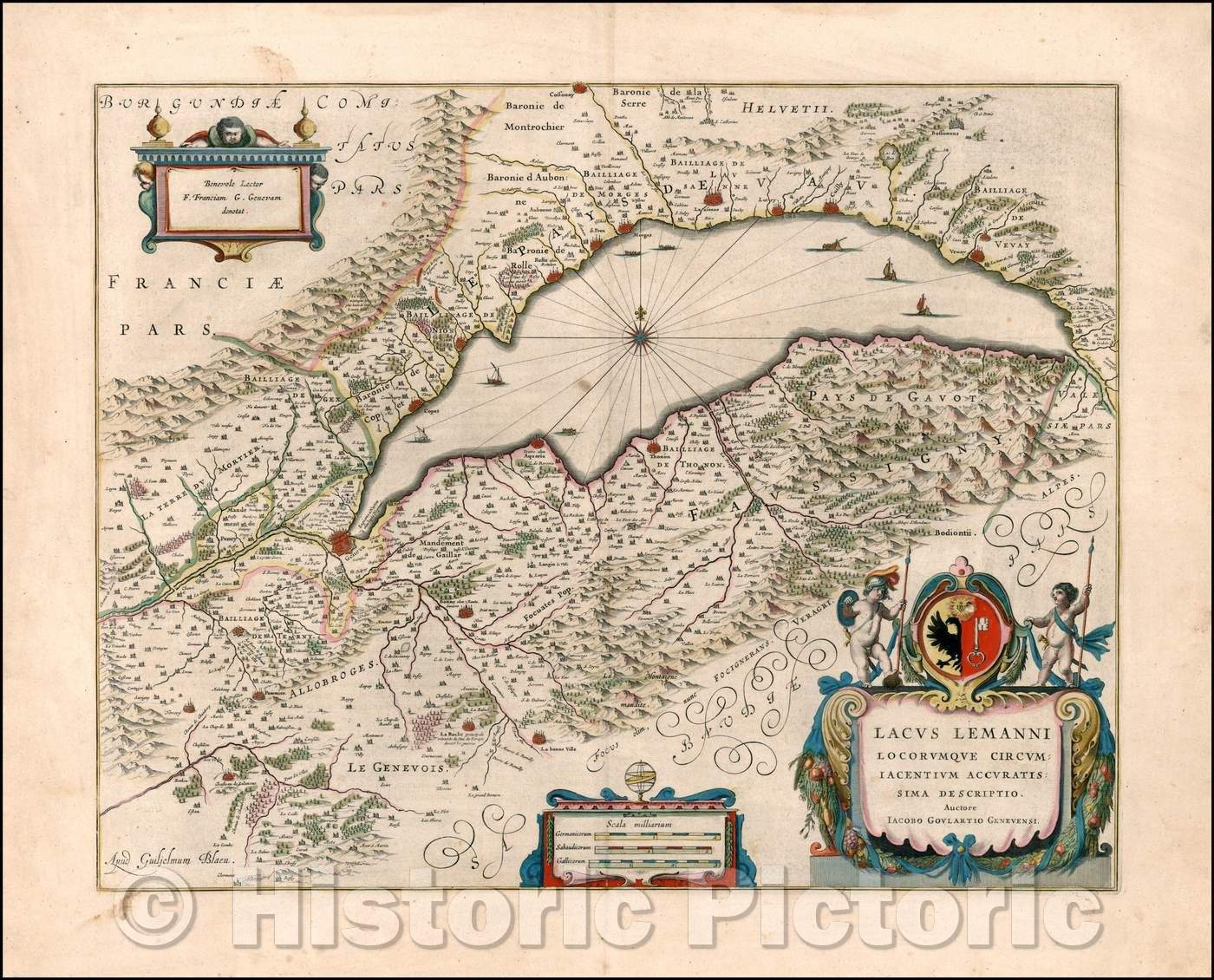 Historic Map - Lacus Lemanni Locorumque Circumiacentium Accuratissima Descriptio Auctore Iacobo Goulartio Genevensi, 1640, Willem Janszoon Blaeu - Vintage Wall Art