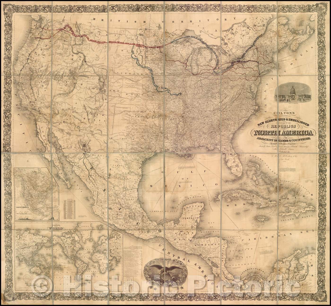 Historic Map - Colton's New Illustrated & Embellished County Map of the Republics of North America and the Adjacent Islands & Countries, 1866 - Vintage Wall Art