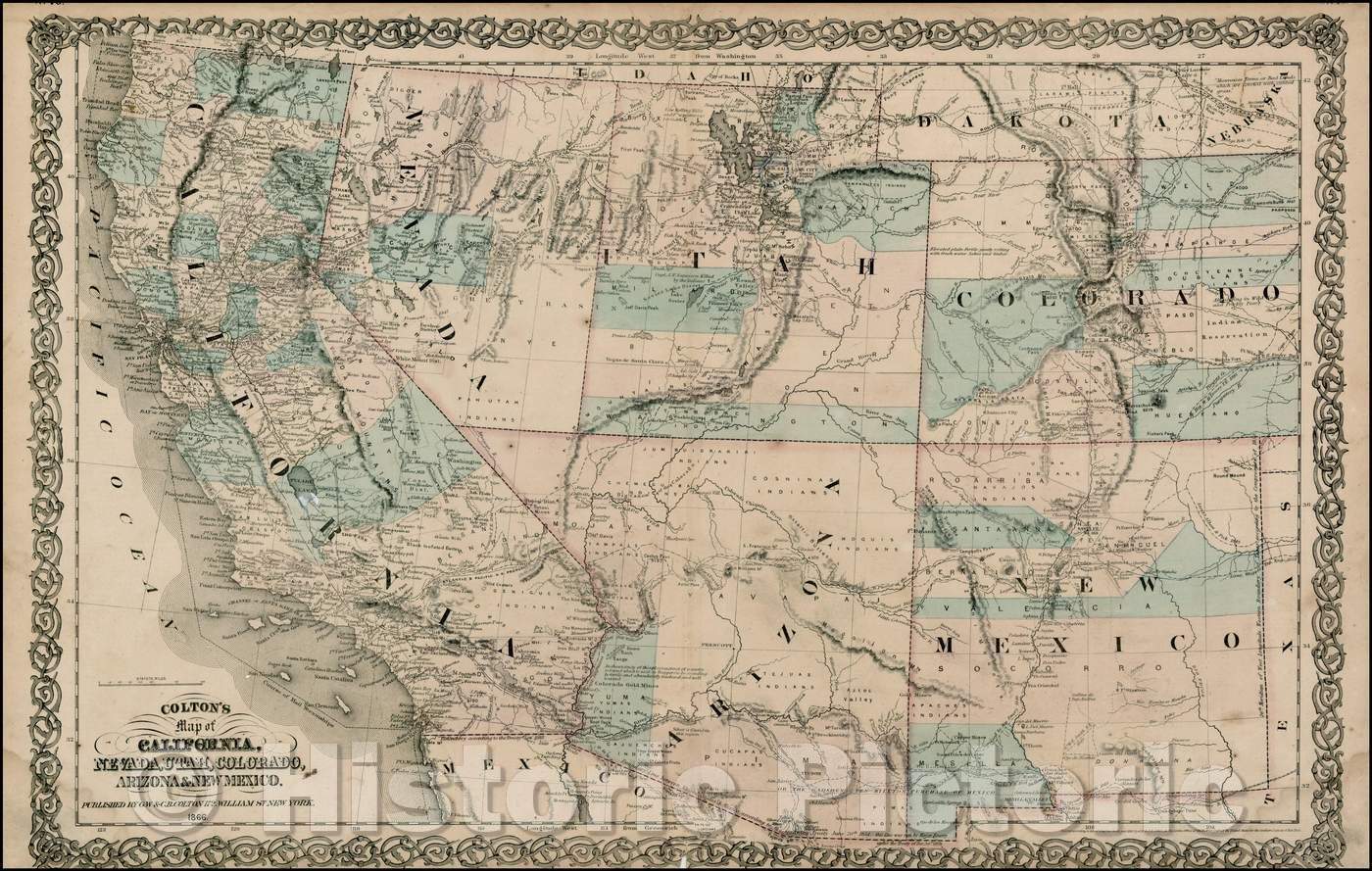 Historic Map - Colton's Map of California, Nevada, Utah, Colorado, Arizona & New Mexico, 1866, G.W. & C.B. Colton - Vintage Wall Art