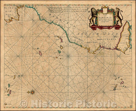 Historic Map - De Cust van Barbaria, Gualata, Arguyn, en Geneheo, van Capo S. Vincente tot Capo Verde [Heightened in Gold] / View of Istabul, 1658, Pieter Goos - Vintage Wall Art