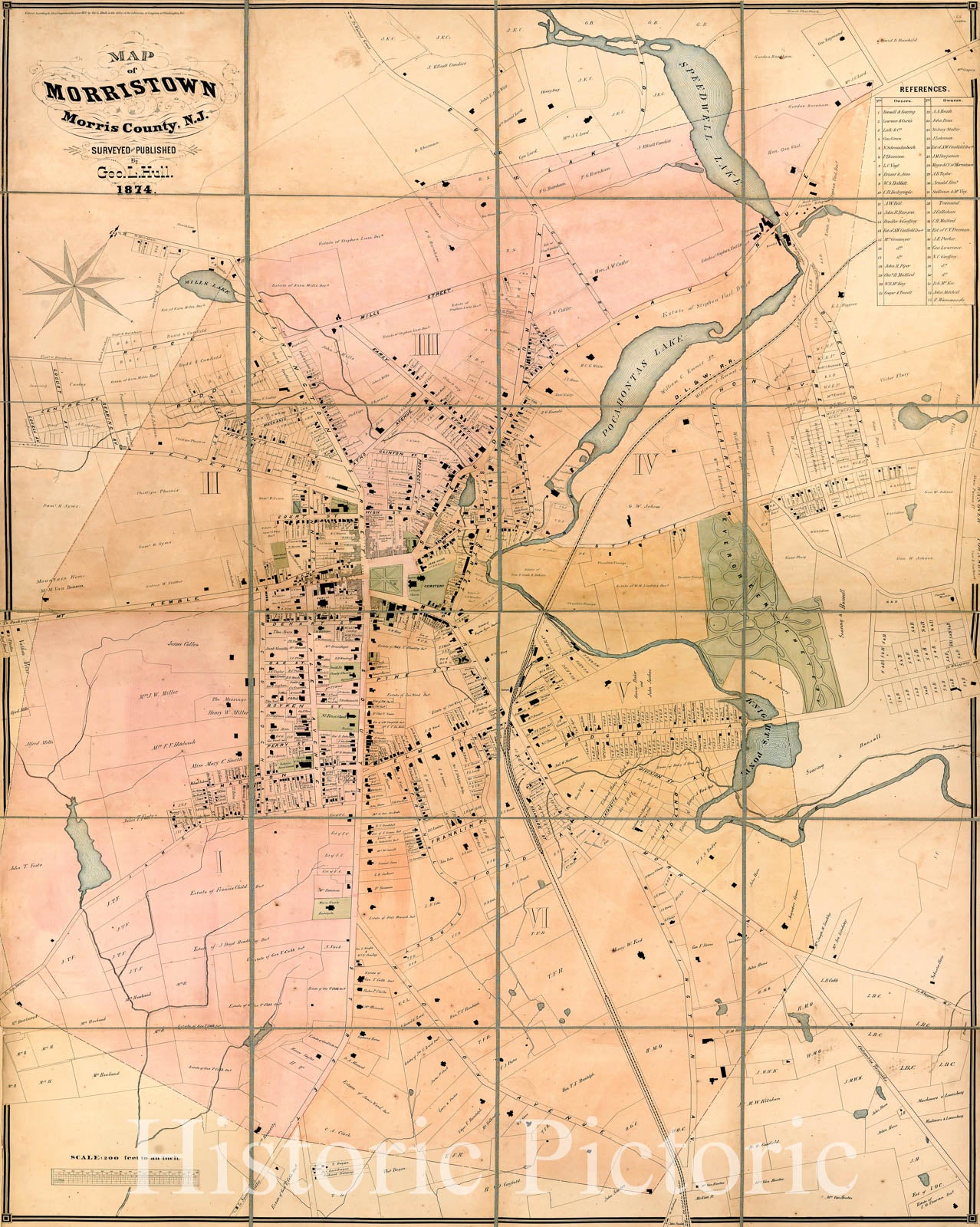 Morristown, New Jersey - Cadastral Map, 1874 Historical Map Print