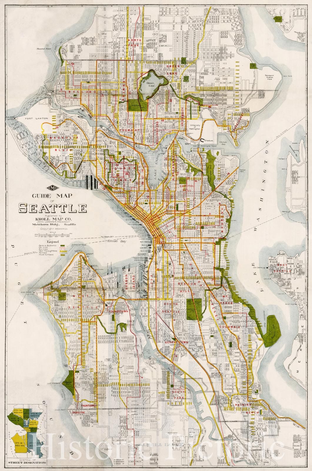 Historic Map - Guide Map of Seattle, 1924, Kroll Map Company - Vintage Wall Art