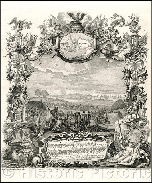 Historic Map - La Citta di Barcellona, in Cattalonia. Investata dall'Armada dell Duca d'Anjou, Mareschallo de Thesse :: Siege of Barcelona, 1720 - Vintage Wall Art