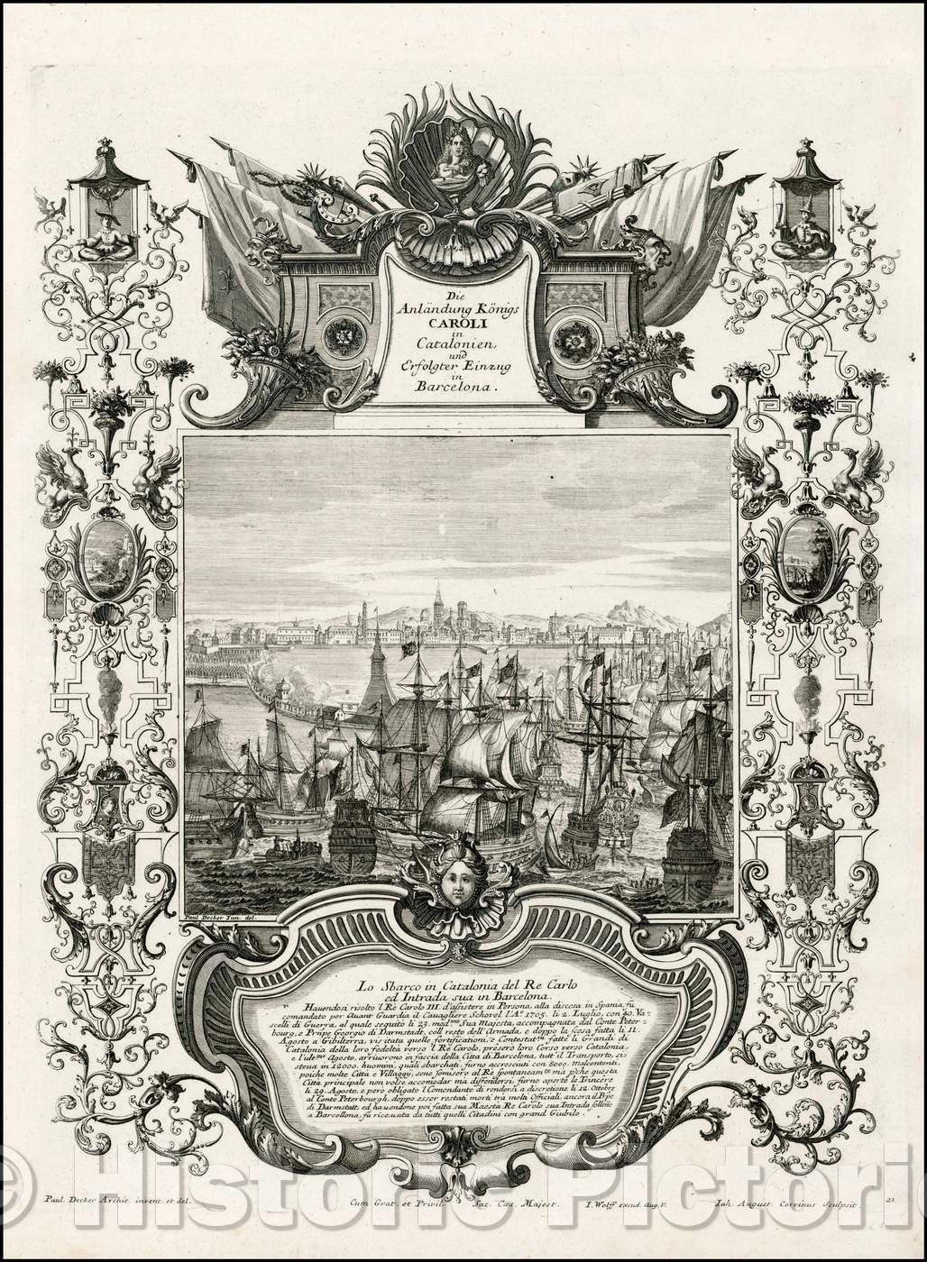 Historic Map - Die Anlandung Konigs Caroli in Catalonien, und Erfolgter Einzung in Barcelona :: View of the Harbor at Barcelona, War of Spanish Succession, 1720 - Vintage Wall Art