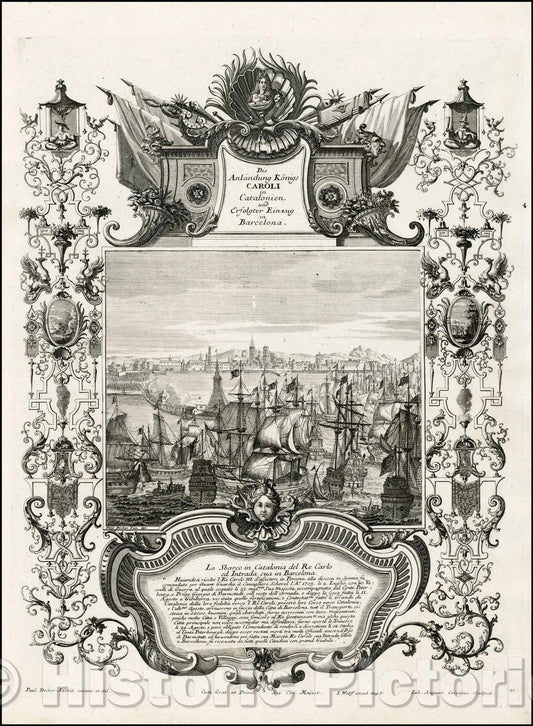 Historic Map - Die Anlandung Konigs Caroli in Catalonien, und Erfolgter Einzung in Barcelona :: View of the Harbor at Barcelona, War of Spanish Succession, 1720 - Vintage Wall Art