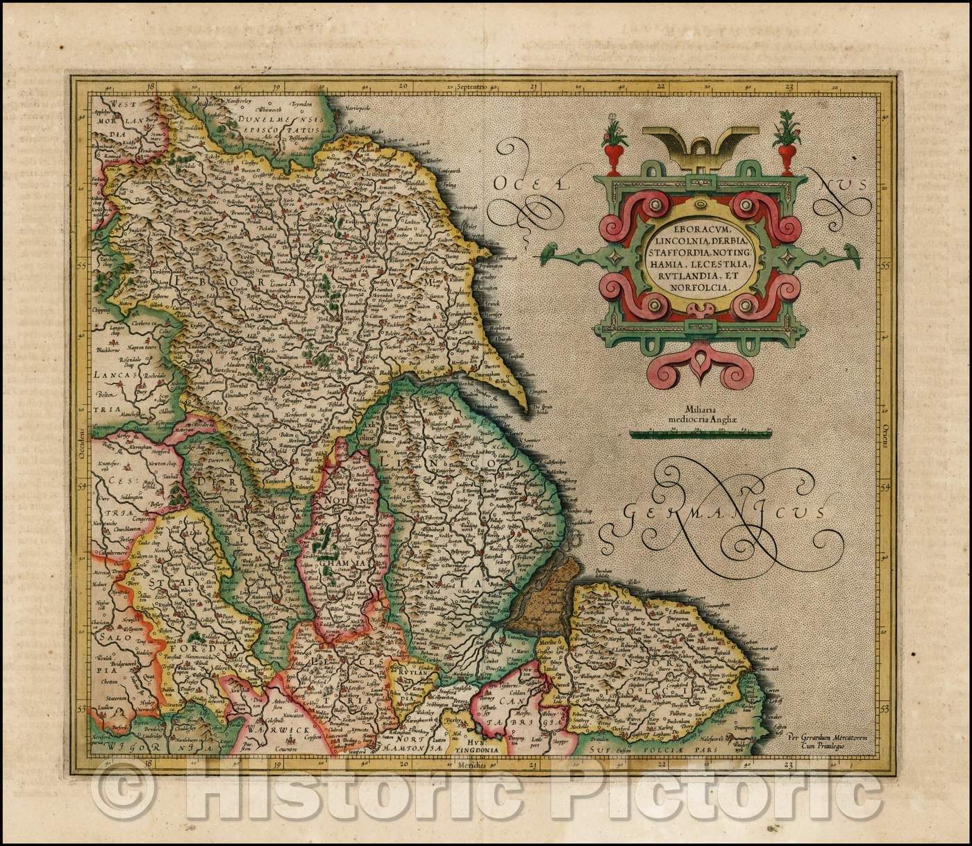 Historic Map - Eboracum Lincolnia, Derbia, Staffordia, Notinghamia, Lecestria, Rutlandia, et Norfolcia, 1630, Henricus Hondius v1