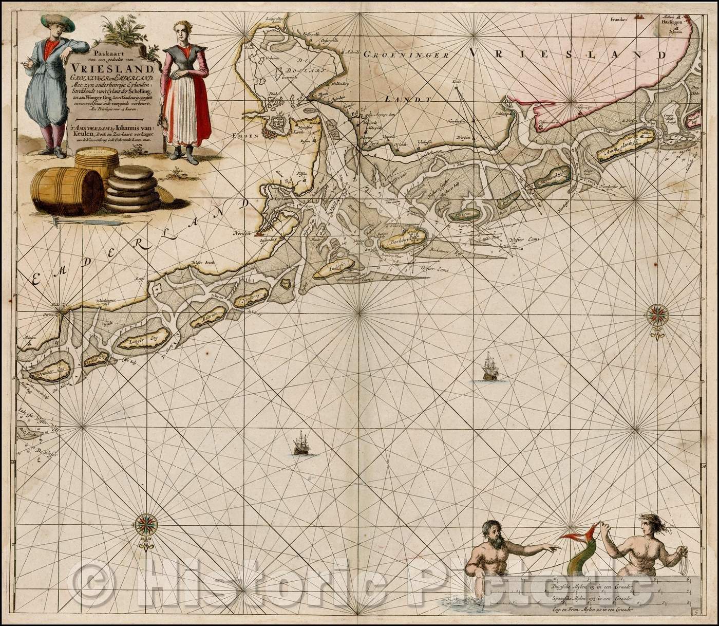 Historic Map - Paskaart van een gedeelte van Vriesland, Groeninger, en Emderland. Met zyn onderhoorige Eyl/Sea Chart of part of the Dutch Coast, 1681 - Vintage Wall Art