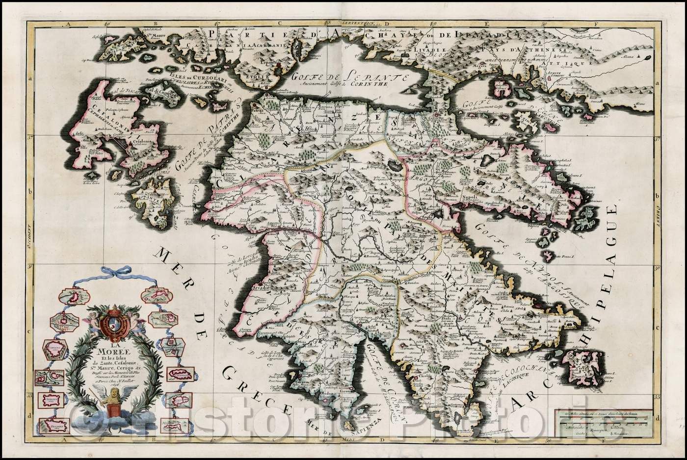 Historic Map - La Moree Et les Isles de Zante, Cefalonie, Ste. Maure, Cerigo, c/Map of the Morea and surrounding islands by Jaillot, 1696 - Vintage Wall Art