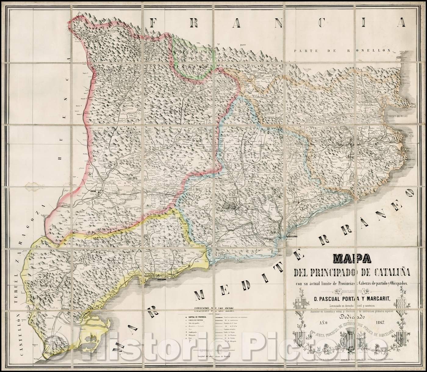 Historic Map - Mapa Del Principado De Catalu? con su actual limite de Provincias, Cabezas de partido, y Obispados. :: Catalu?, Republic of Andorra, 1867 - Vintage Wall Art