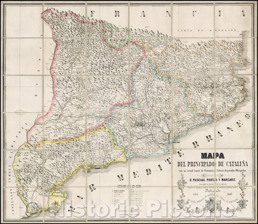 Historic Map - Mapa Del Principado De Catalu? con su actual limite de Provincias, Cabezas de partido, y Obispados. :: Catalu?, Republic of Andorra, 1867 - Vintage Wall Art