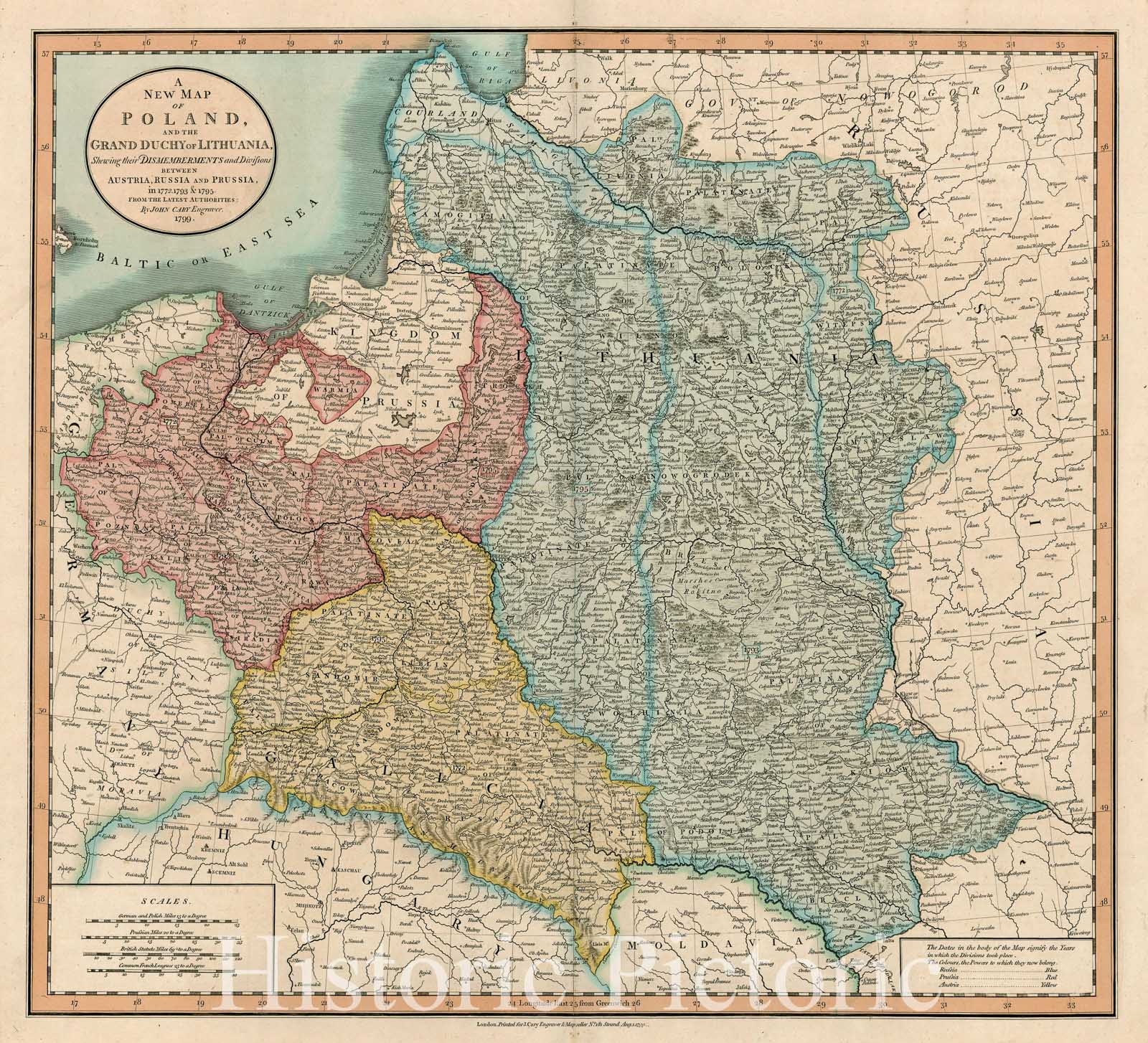 Historic Map - A New Map of Poland, and the Grand Duchy of Lithuania, Shewing their Dismemberments and Divisions Between Austria, Russia and Prussia, 1799 v1