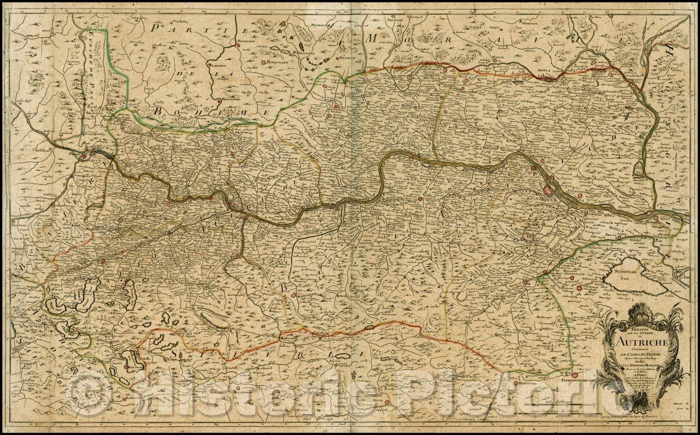 Historic Map - Theatre De La Guerre en Autriche Contenant Le Cours Du Danube/Map of the Theater of War in Austria, between Pressburg and Passau, 1742 - Vintage Wall Art
