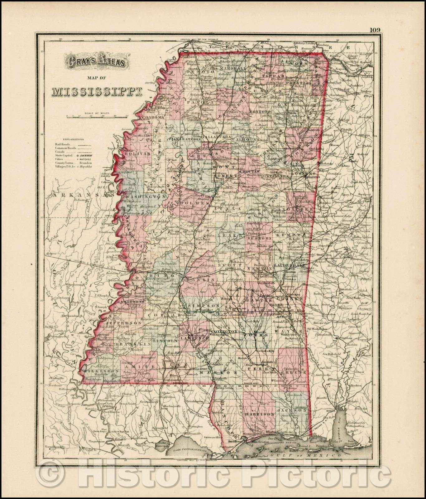 Historic Map - Gray's New Map of Mississippi, 1873, O.W. Gray - Vintage Wall Art