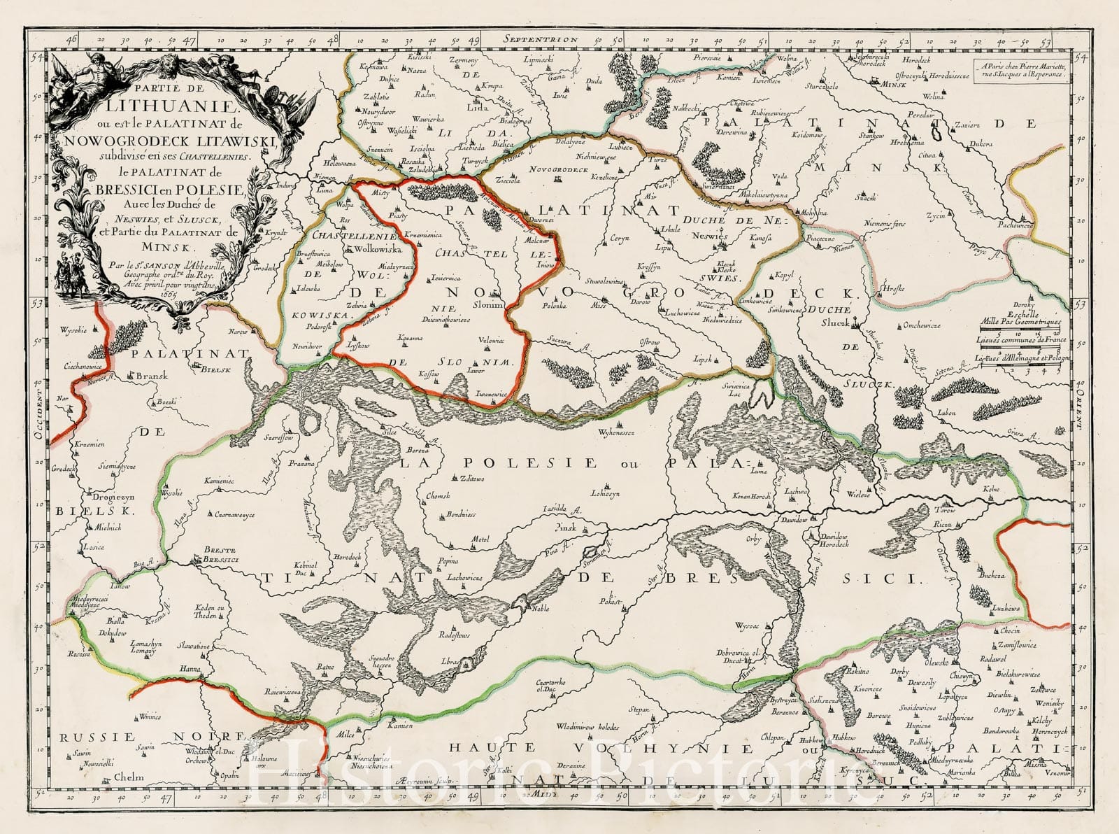 Historic Map - Partie De Lithuanie ou est le Palatinat de Nowogrodeck Litawiski :: Pinsk and showing Polish Lithuania,modern Poland, Belarus, etc, 1665 - Vintage Wall Art