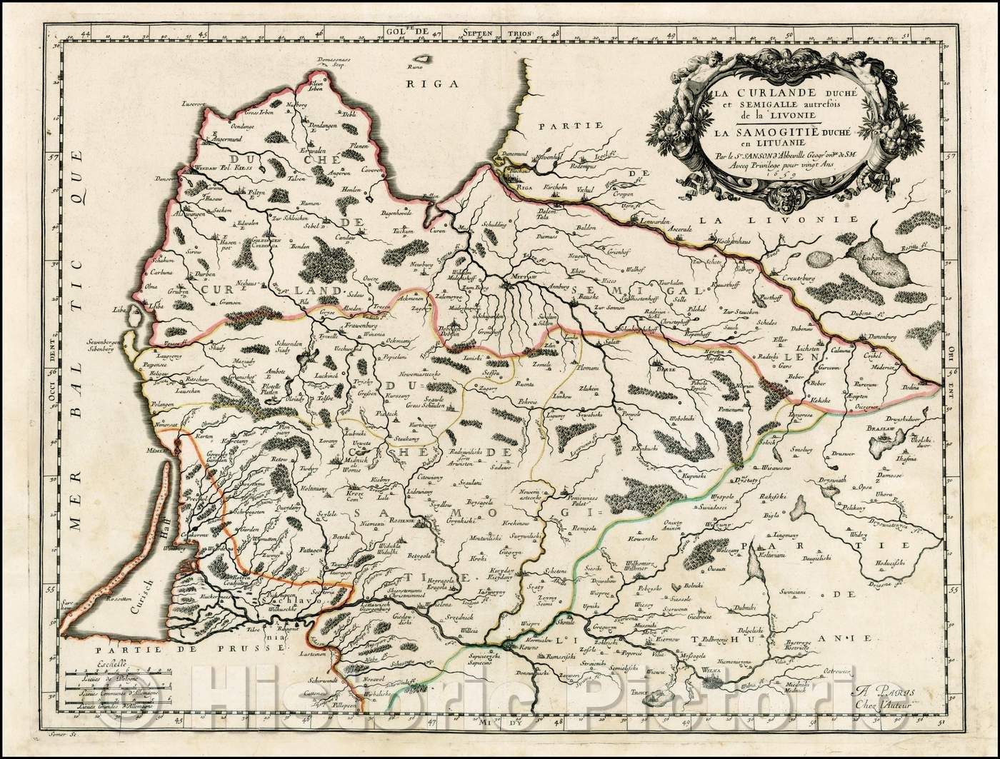 Historic Map - La Curlande Duche et Semigalle autresois de la Livonie/Map of the Baltic Coast, Riga, south of Memel, Wilna, Dunenberg, Lithuania, 1659 - Vintage Wall Art