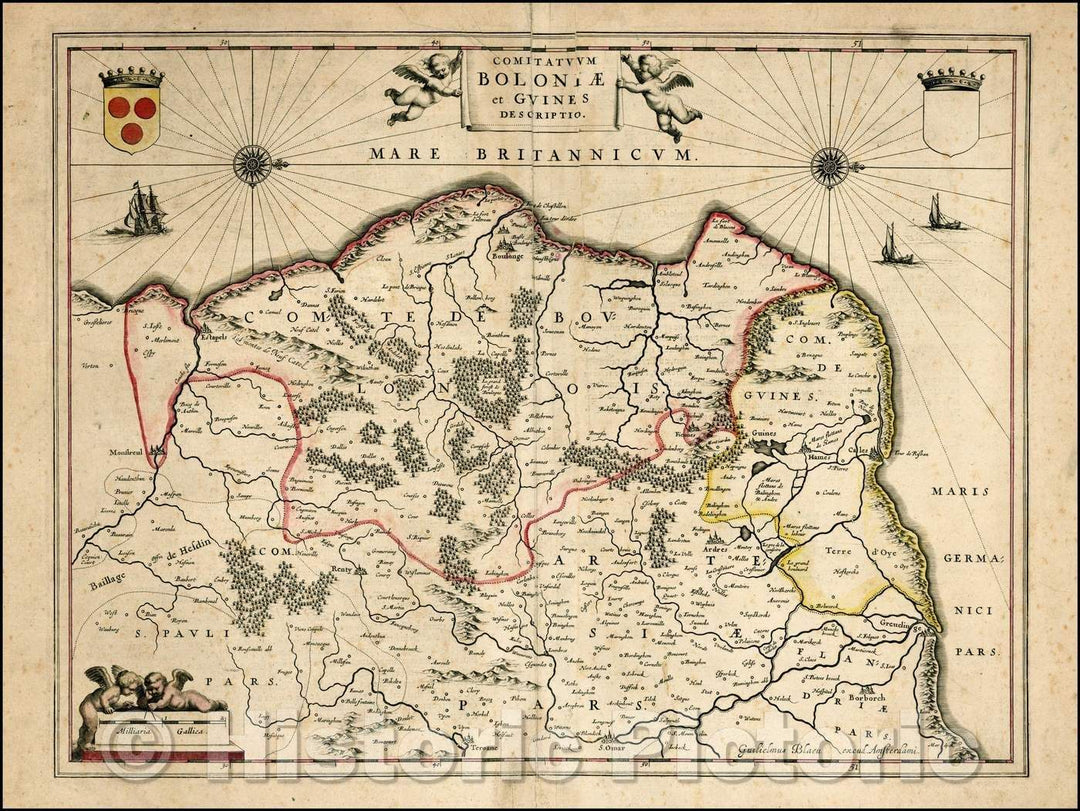 Historic Map - Comitatuum Boloniae et Guines Descriptio/Regional Map of France, showing the French Coastline, 1640, Willem Janszoon Blaeu - Vintage Wall Art