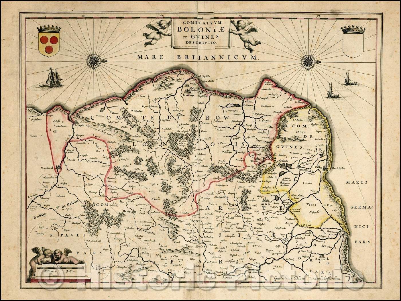 Historic Map - Comitatuum Boloniae et Guines Descriptio/Regional Map of France, showing the French Coastline, 1640, Willem Janszoon Blaeu - Vintage Wall Art