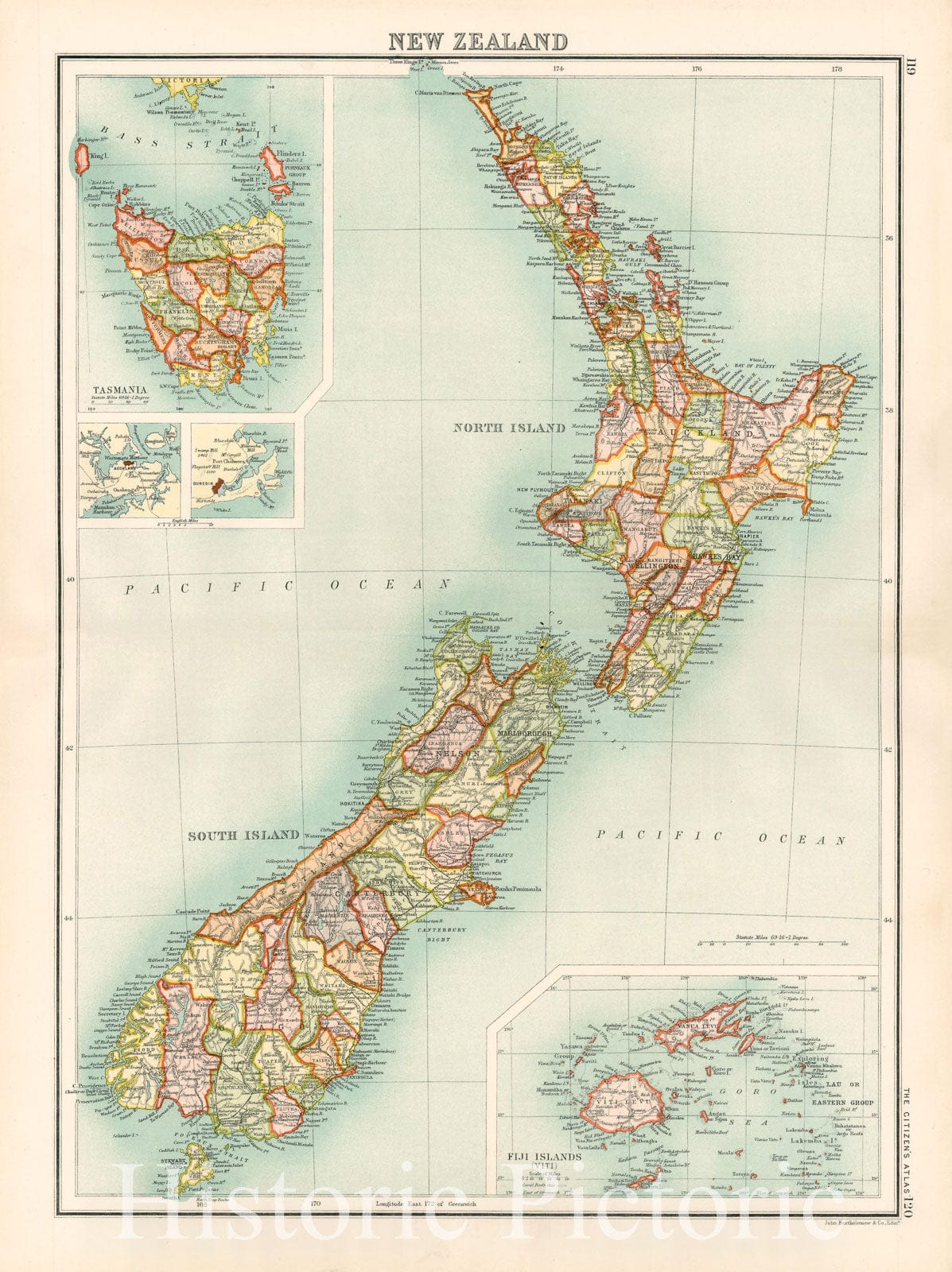 Historic Map - New Zealand (with insets of Auckland, Dunedin, Fiji and Tasmania), 1880, John Bartholomew - Vintage Wall Art