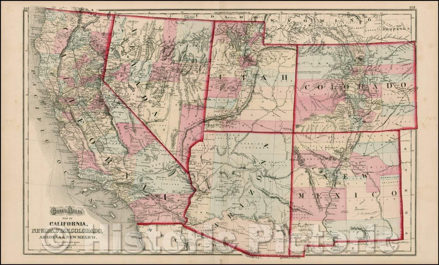 Historic Map - Gray's Atlas Map of California, Nevada, Utah, Colorado, Arizona & New Mexico, 1873, O.W. Gray - Vintage Wall Art