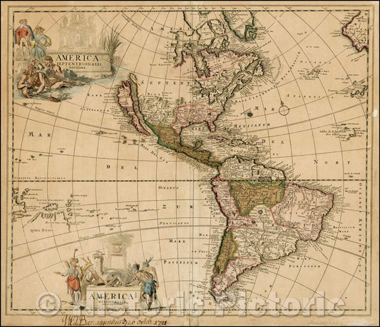 Historic Map - America Septentrionalis Novissima/America Meridionalis Accuratissima/Map of America, by the noted artist Romain de Hooghe, 1696 - Vintage Wall Art