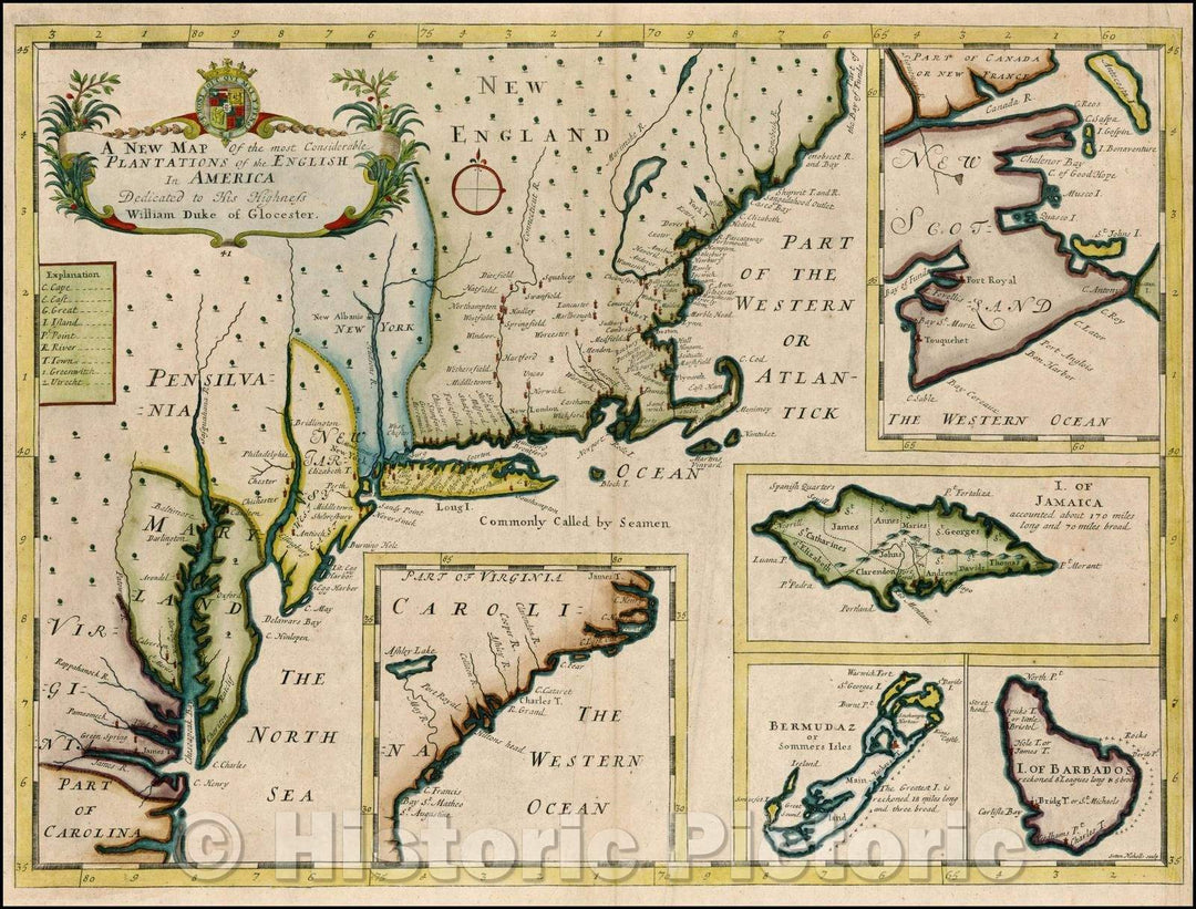 Historic Map - The most Considerable Plantations of the English In America Dedcicated to His Highness William Duke of Glocester, 1700, Edward Wells v1