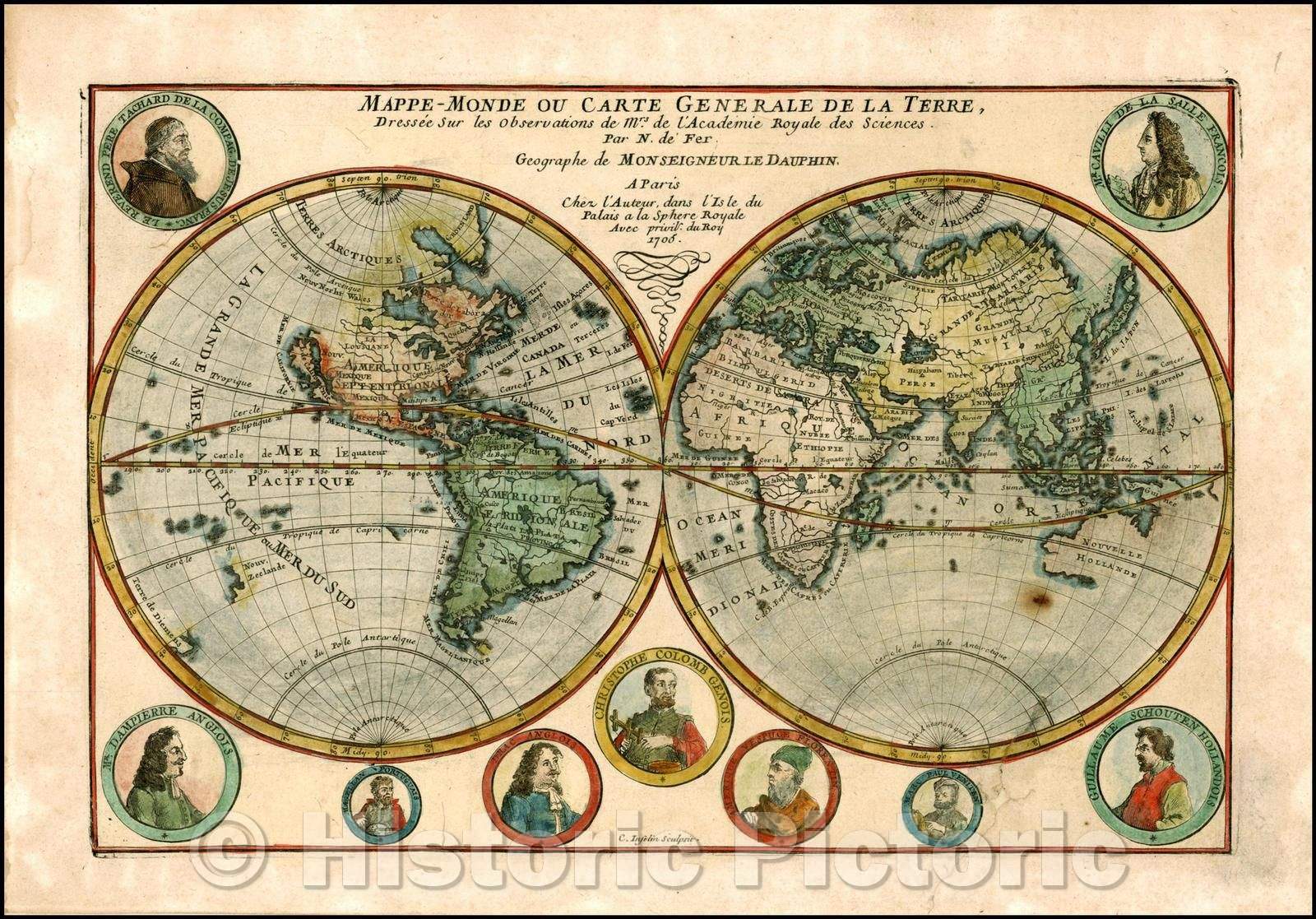 Historic Map - Mappe-Monde ou Carte Generale De La Terre, Dressee Sur les Observations de Mrs. De L'Academi Royal des Sciences, 1705, Nicolas de Fer - Vintage Wall Art