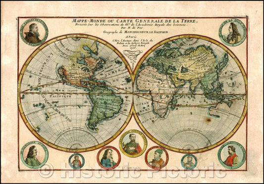 Historic Map - Mappe-Monde ou Carte Generale De La Terre, Dressee Sur les Observations de Mrs. De L'Academi Royal des Sciences, 1705, Nicolas de Fer - Vintage Wall Art
