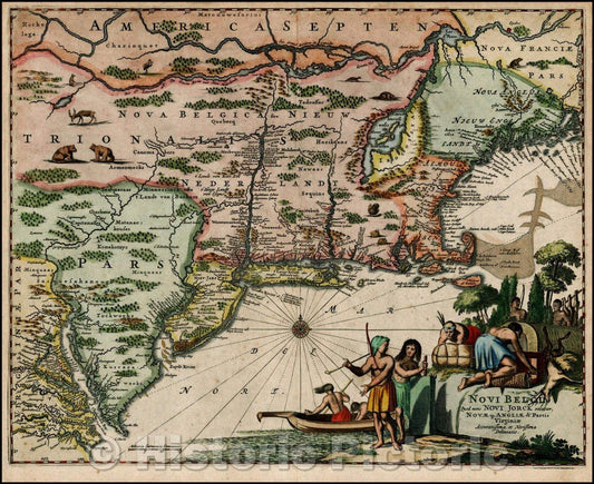 Historic Map - Novi Belgii Quod nunc Novi Jorck, vocatur Nova qe Angliae & Partis Virginiae Accuratissima et Novissima Delineatio, John Ogilby - Vintage Wall Art