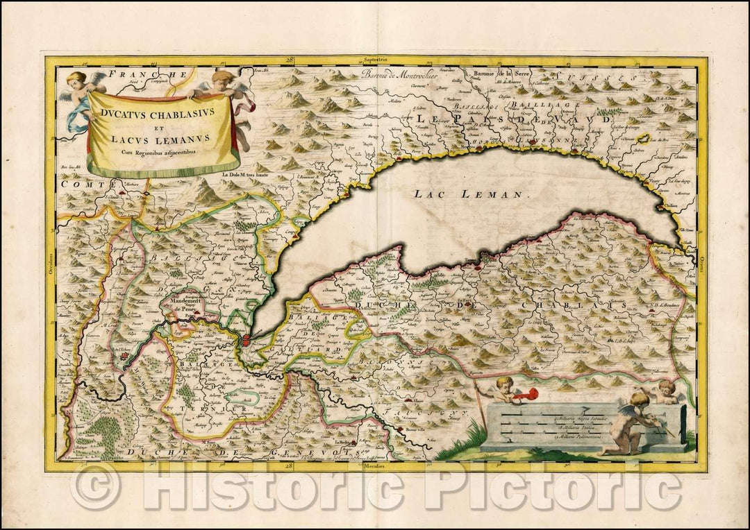 Historic Map - Ducatus Chablasius Et Lacus Lemanus Cum Regionibus adjace :: Lake Geneva Region of Switzerland, Blaeu's townbook of Savoy and Piedmont, 1682 - Vintage Wall Art