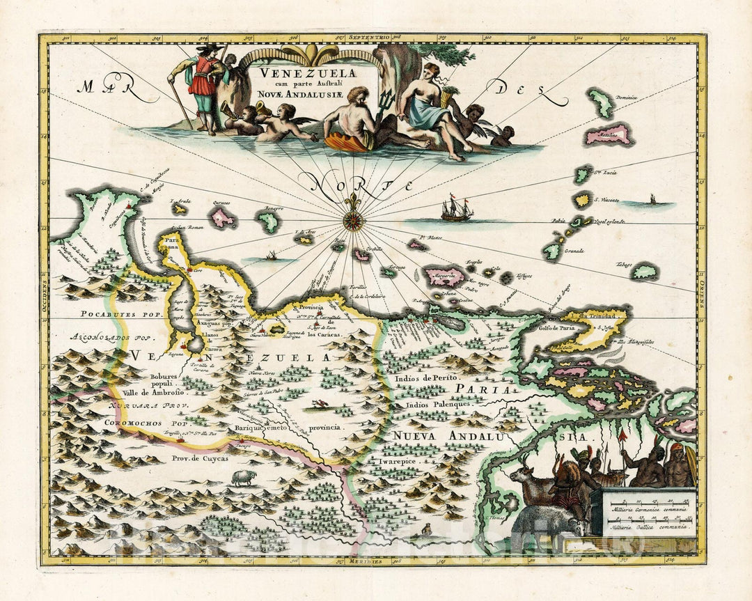 Historic Map - Venezuela cum parte Australi Novae Andalusiae, 1671, John Ogilby - Vintage Wall Art