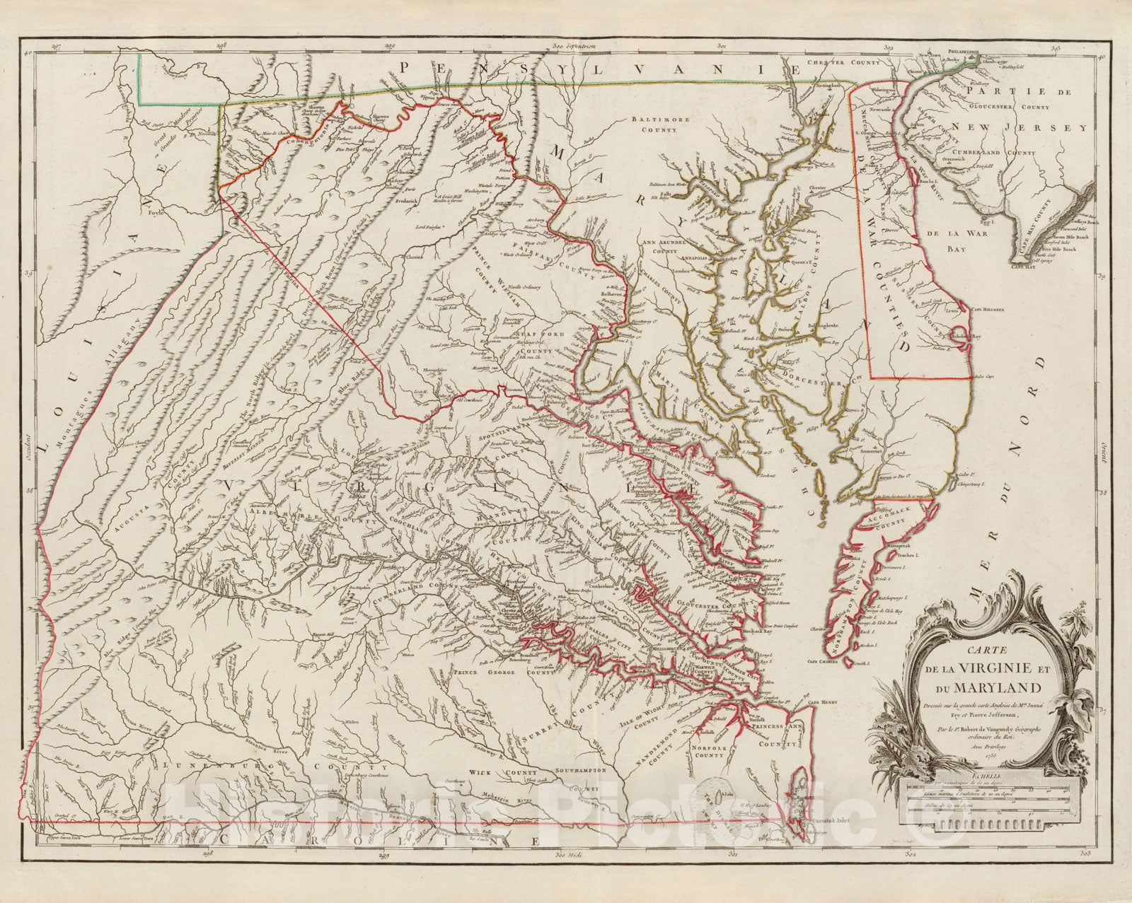 Historic Map - Carte De La Virginie Et Du Maryland Dressee sur la grande carte Angloise de Mrs. Josue Fry et Pierre Jefferson, 1755, Gilles Robert de Vaugondy v1