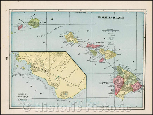 Historic Map - Hawaiian Islands, 1900, George F. Cram - Vintage Wall Art