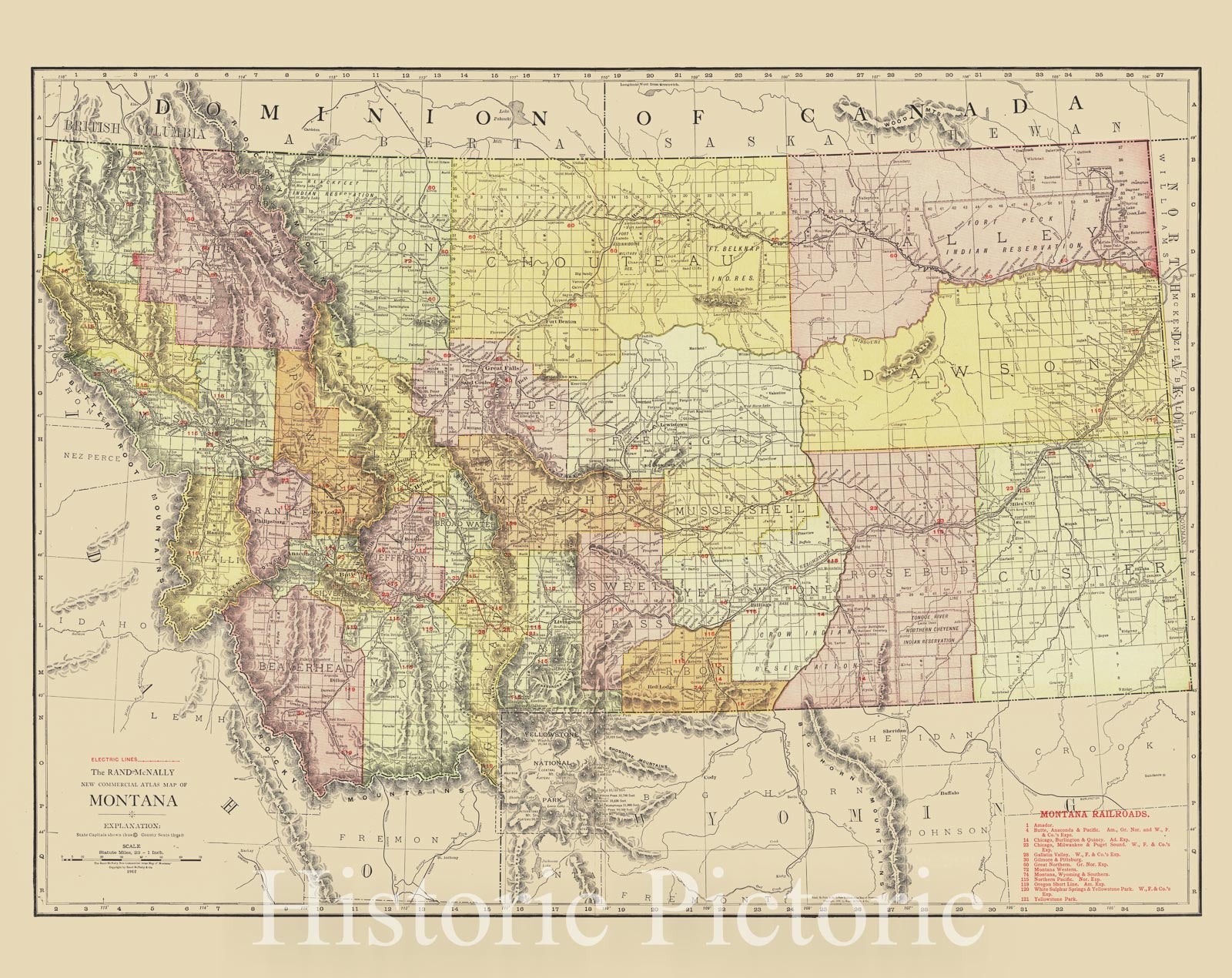 Montana - Railway and County Map, 1910 | Historical Map Print