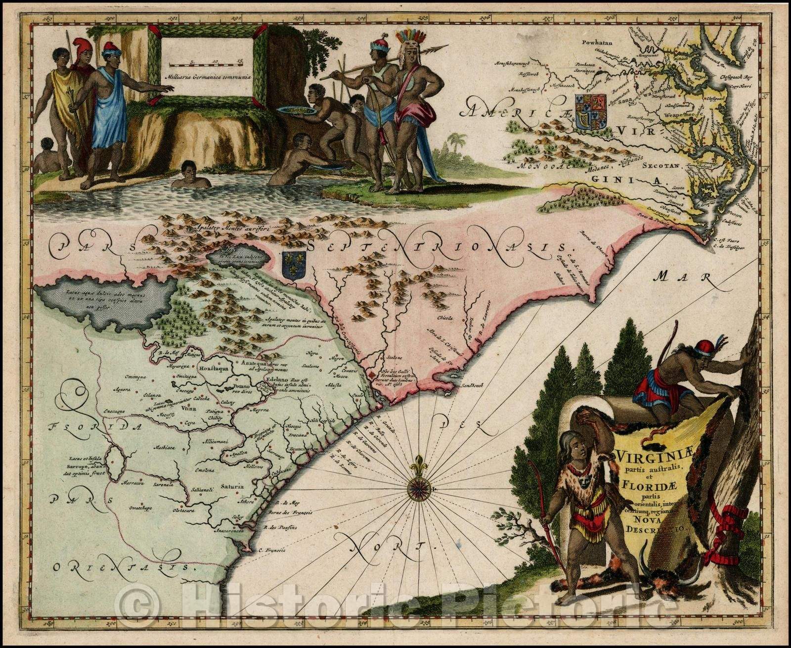 Historic Map - Virginiae Partis australis, et Floridae partis orientalis, interjacentiumqus regionum Nova, 1671, Arnoldus Montanus - Vintage Wall Art