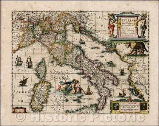Historic Map - Italia Nuovamente piu perfetta che mai per inanzi posta in luce, scolpita et con le suoi figure uiuamente rappresetnate, 1631, Jan Jansson - Vintage Wall Art