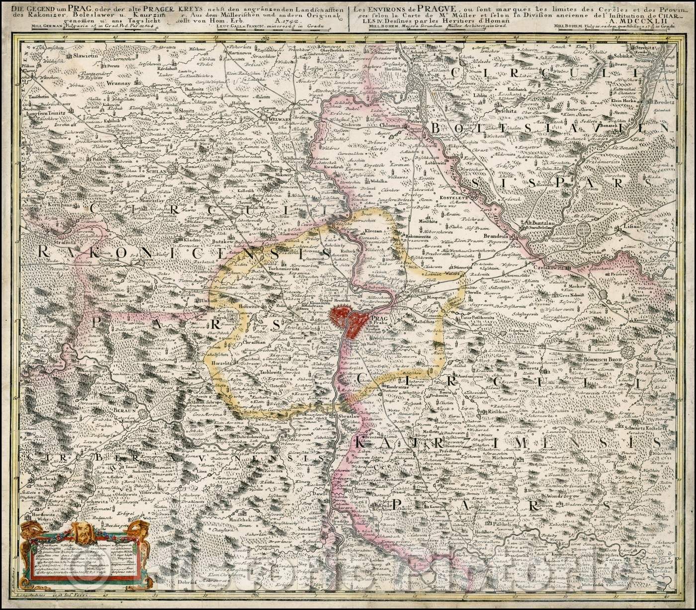 Historic Map - Die Gegend um Prag oder der Alte Prager Kreys, nebst den Angranzenden Landschafften des Rakonizer :: Region around Prag, scale of Miles, 1742 - Vintage Wall Art