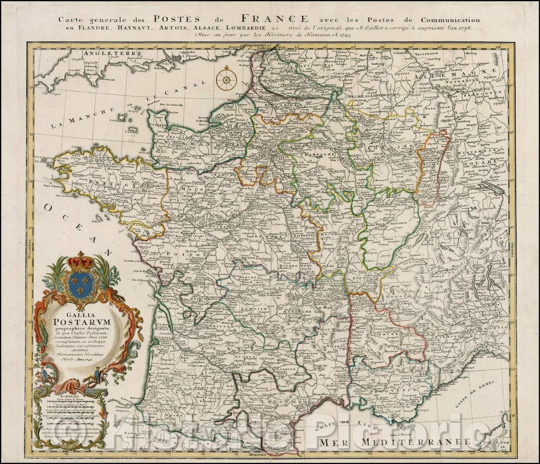 Historic Map - Gallia Postarum geographice designata in qua Cursus Postarum/Postal Map of France. Elaborate cartouche with coat of arms, 1745, Homann Heirs - Vintage Wall Art