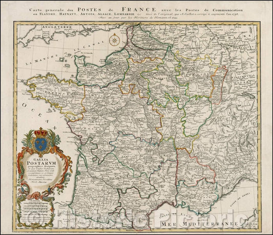 Historic Map - Gallia Postarum geographice designata in qua Cursus Postarum/Postal Map of France. Elaborate cartouche with coat of arms, 1745, Homann Heirs - Vintage Wall Art