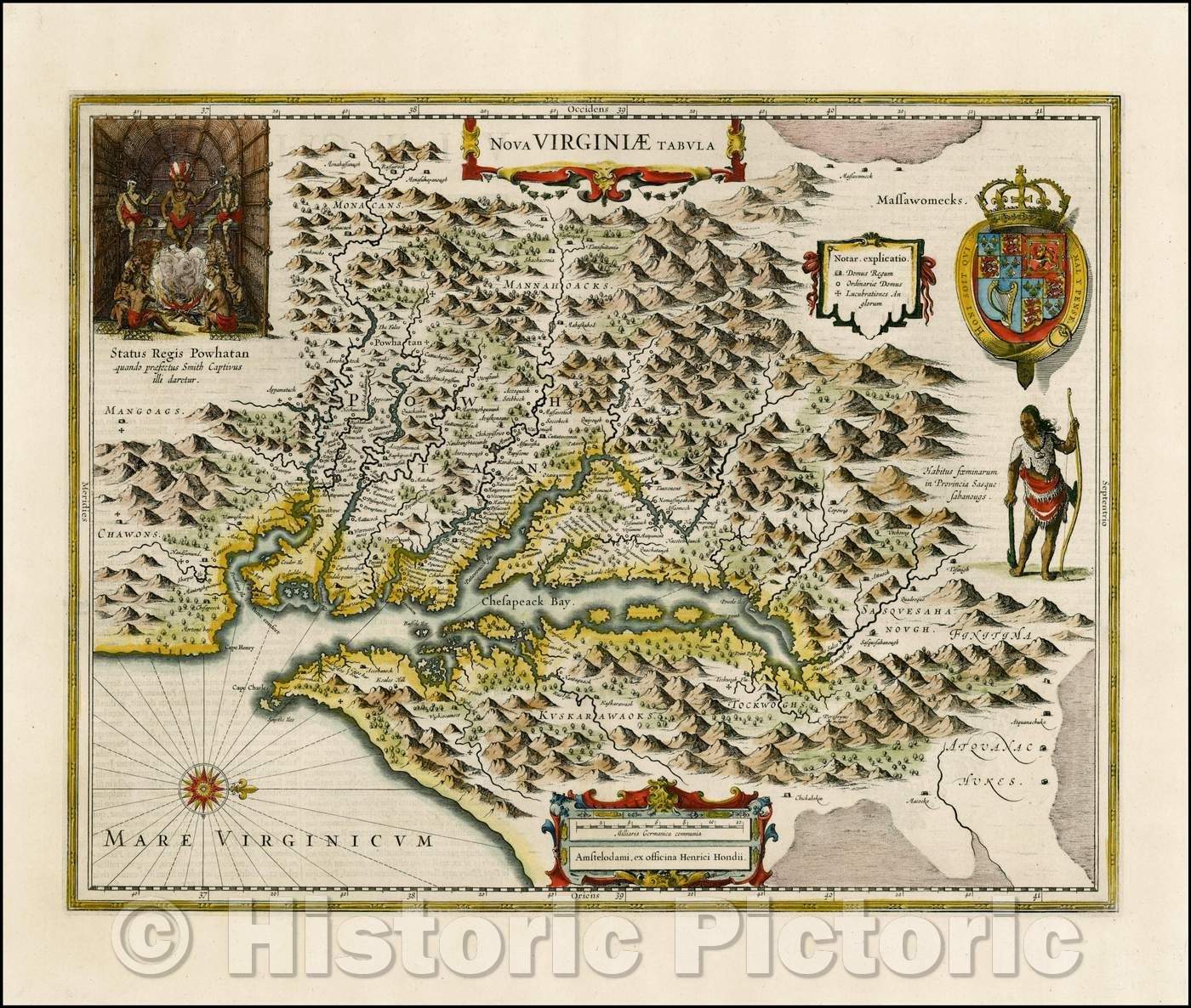 Historic Map - Nova Virginiae Tabula, 1636, Henricus Hondius - Vintage Wall Art