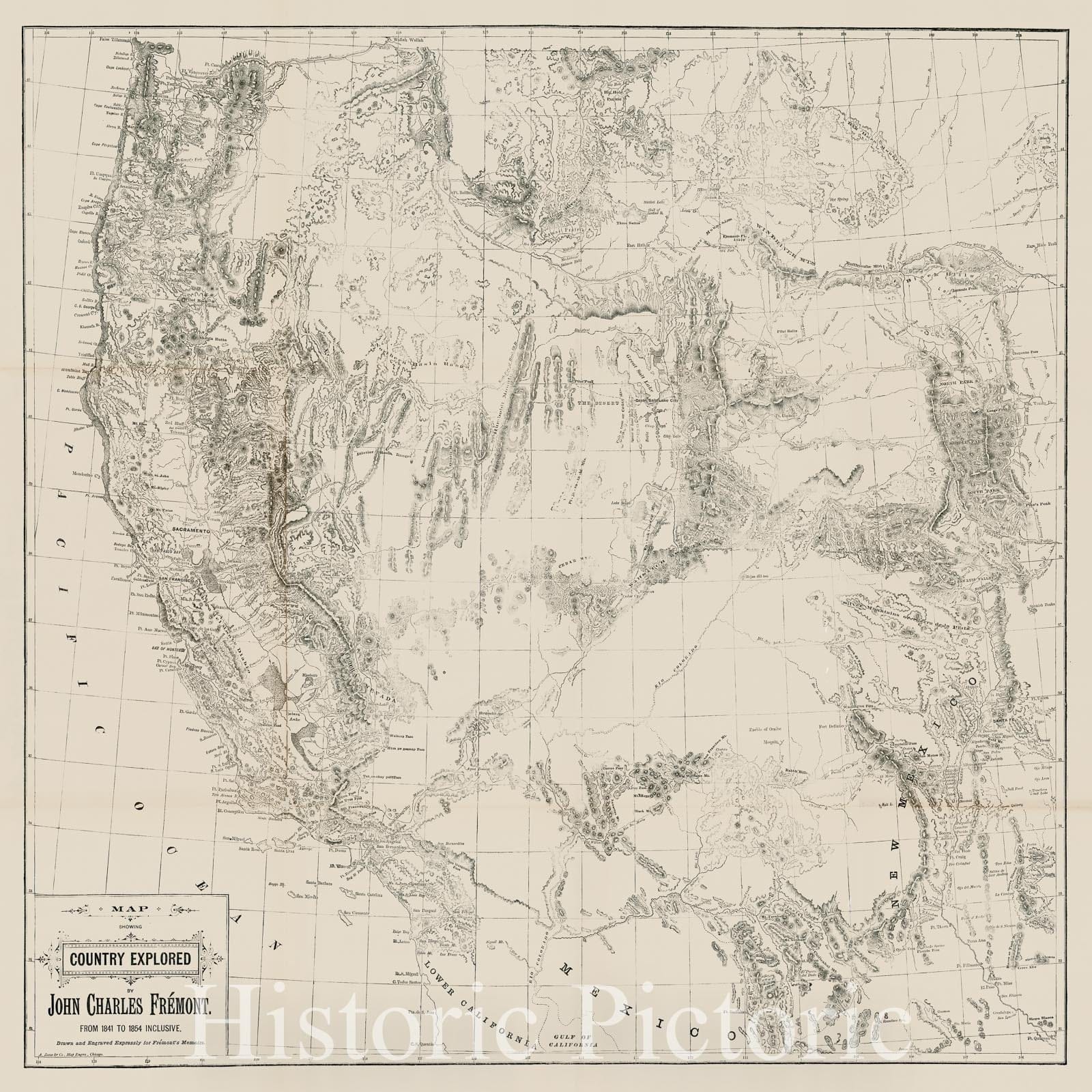 Historic Map - Map Showing the Country Explored, 1887, John Charles Fremont - Vintage Wall Art
