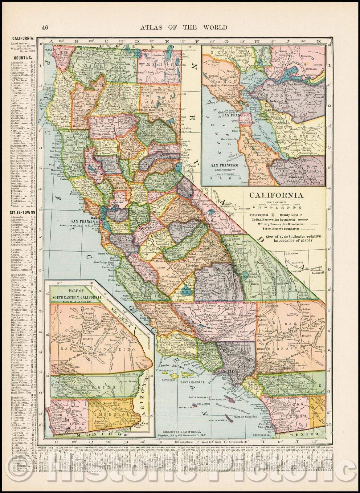 Historic Map - California, 1910, Hammond & Co. - Vintage Wall Art