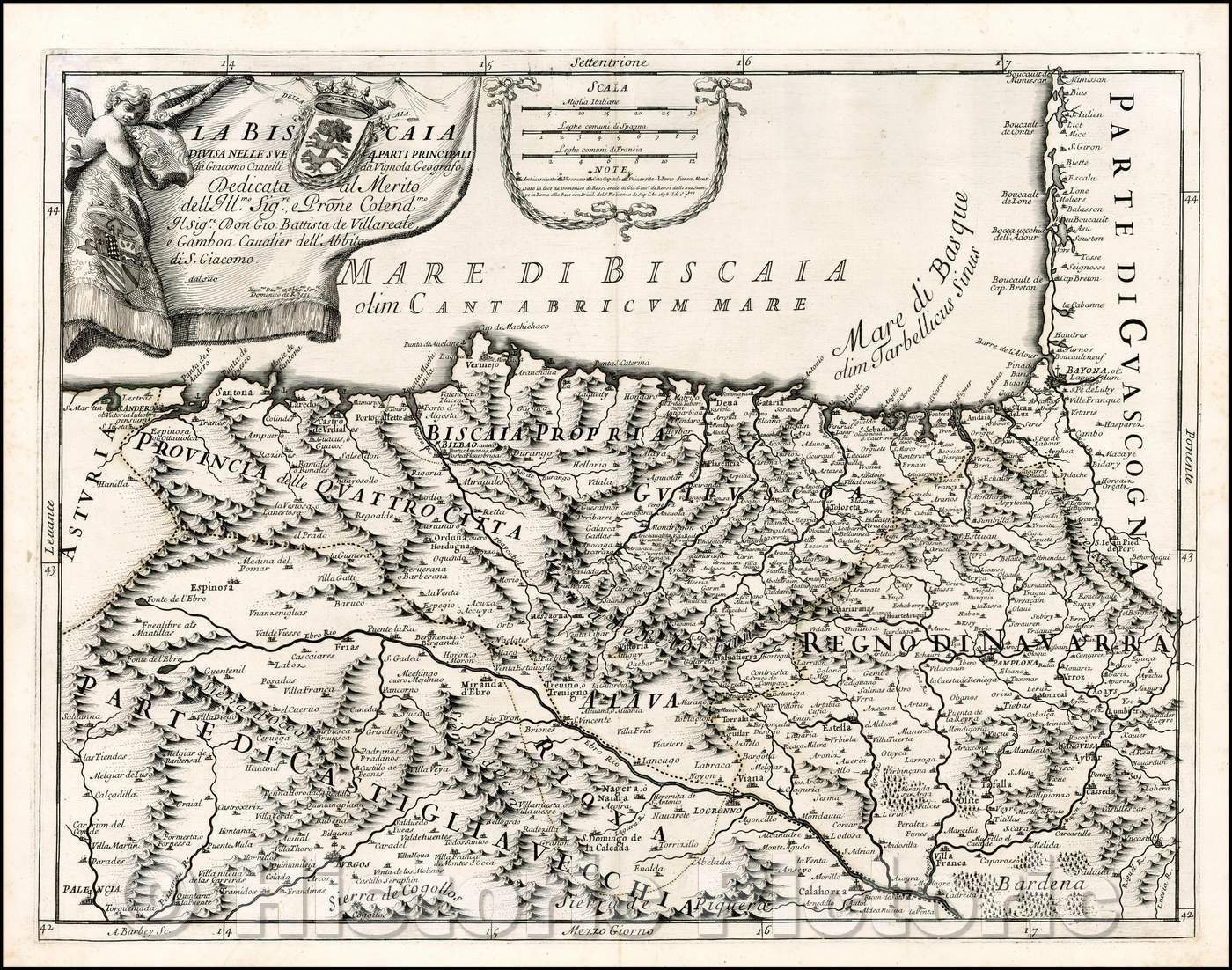 Historic Map - La Biscaia Divisa Nelle Sue 4 Parti Principali da Giacomo Cantelli da Vignola/Map of Norhern Spain and the Sea of Biscaya, 1696 - Vintage Wall Art