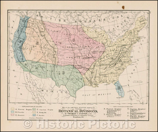 Historic Map - Map of the United States Showing the Principal Botanical Divisions, 1875, O.W. Gray - Vintage Wall Art