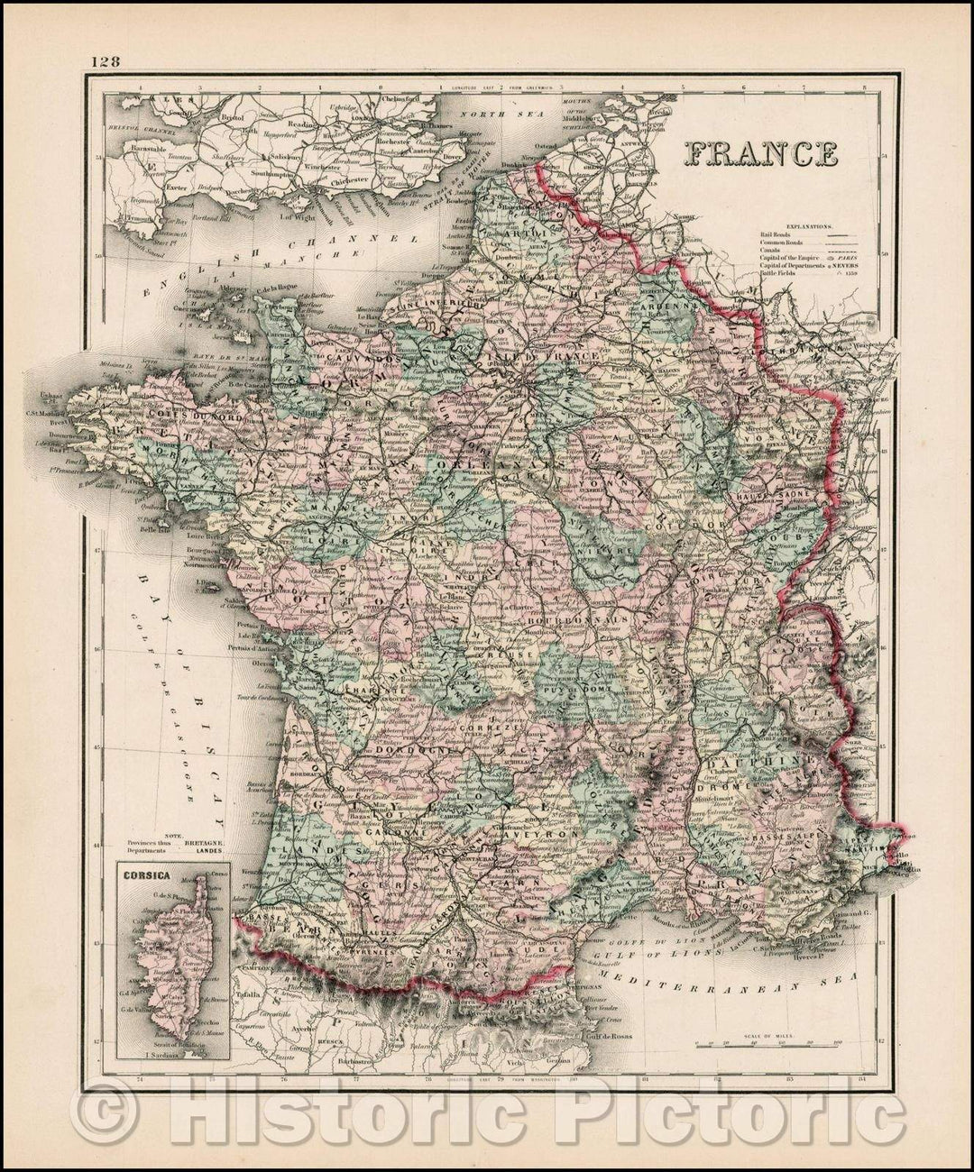 Historic Map - France, 1873, OW Gray - Vintage Wall Art