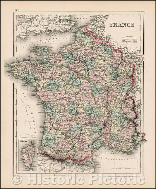 Historic Map - France, 1873, OW Gray - Vintage Wall Art